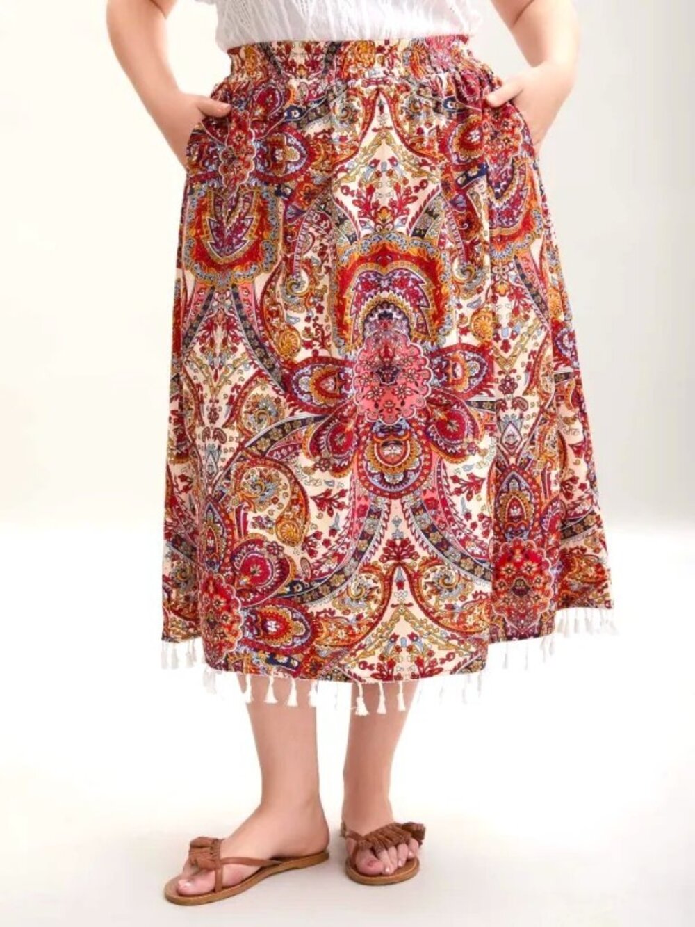 BLOOMCHIC Bohemian-Inspired Tassels Midi Skirt. Plus Size 26